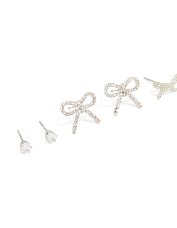 Silver Bow & Classic Stud Earrings 3-Pack