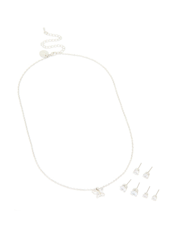Silver Diamante Butterfly Necklace & Stud Earrings 3-Pack Set