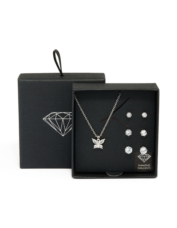 Silver Diamante Butterfly Necklace & Stud Earrings 3-Pack Set