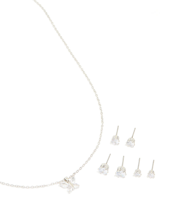 Silver Diamante Butterfly Necklace & Stud Earrings 3-Pack Set