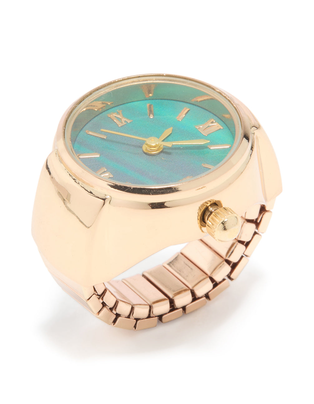 Beautifully crafted statement watch ring with roman numerals in gold and turquoise side detail view