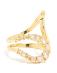 Showcasing a waterproof gold plated stainless steel opposite cubic zirconia swirl ring front view - link has visual effect only