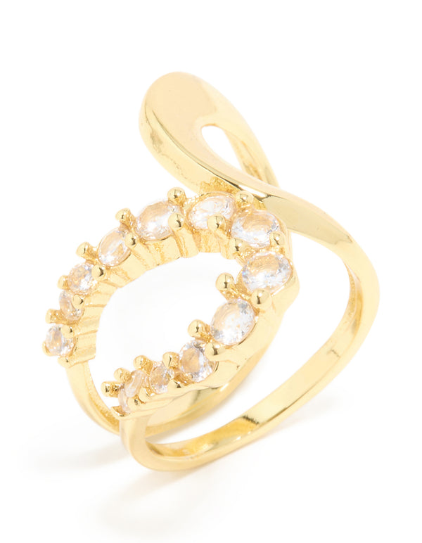 Featuring a waterproof gold plated stainless steel opposite cubic zirconia swirl ring side detail view