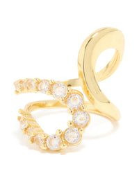 Crafted from waterproof gold plated stainless steel opposite cubic zirconia swirl ring close up view - link has visual effect only
