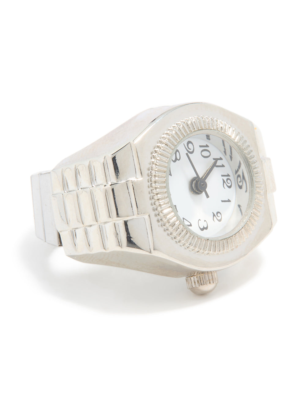 Designed with a statement silver watch ring featuring numbers close up view