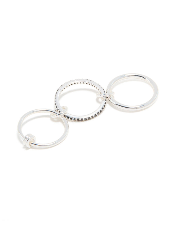Silver Plated Black Cubic Zirconia Stacked Rondell Ring