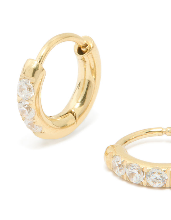 Waterproof Gold Plated Stainless Steel Diamante Hoop Earrings 10 MM