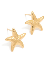 Waterproof Gold Plated Stainless Steel Textured Starfish Stud Earrings - link has visual effect only