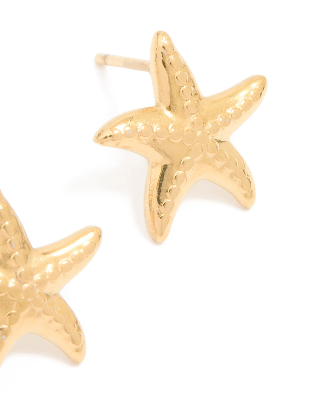 Highlighting waterproof gold plated stainless steel textured starfish stud earrings with ocean-inspired post detail view