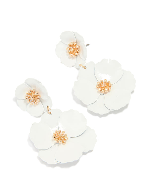 Gold White Coated Metal Flower Drop Earrings
