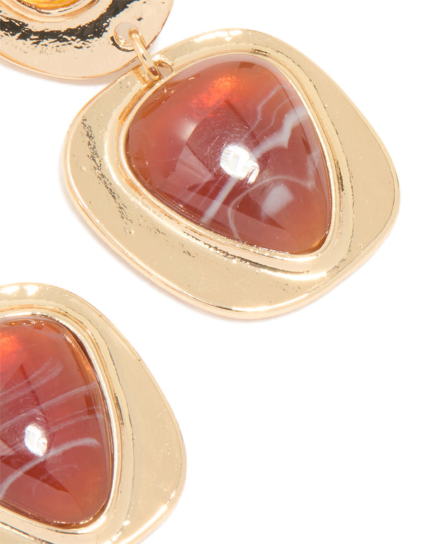 Gold Red & Orange Stone Drop Earrings