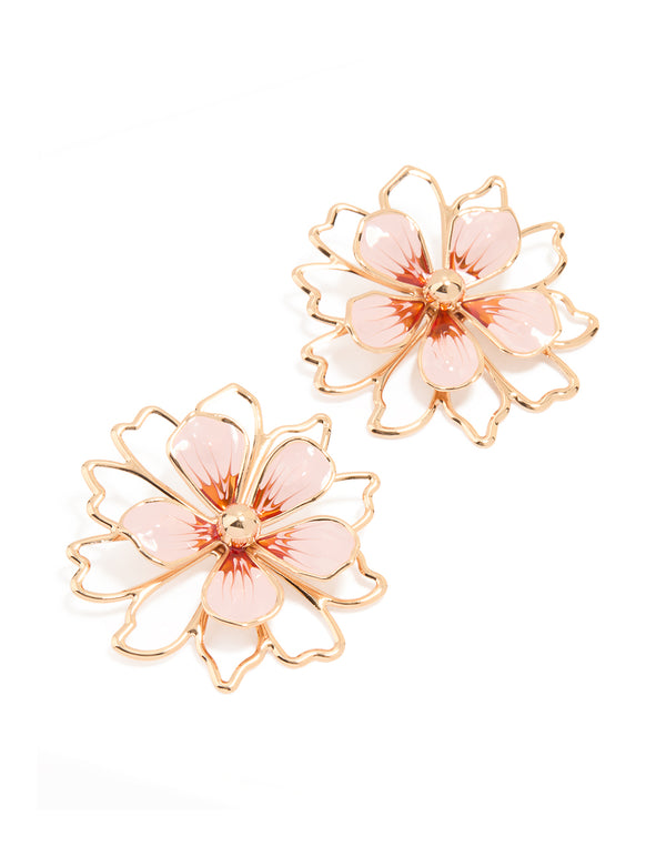 Gold Pink Enamel Flower Stud Earrings