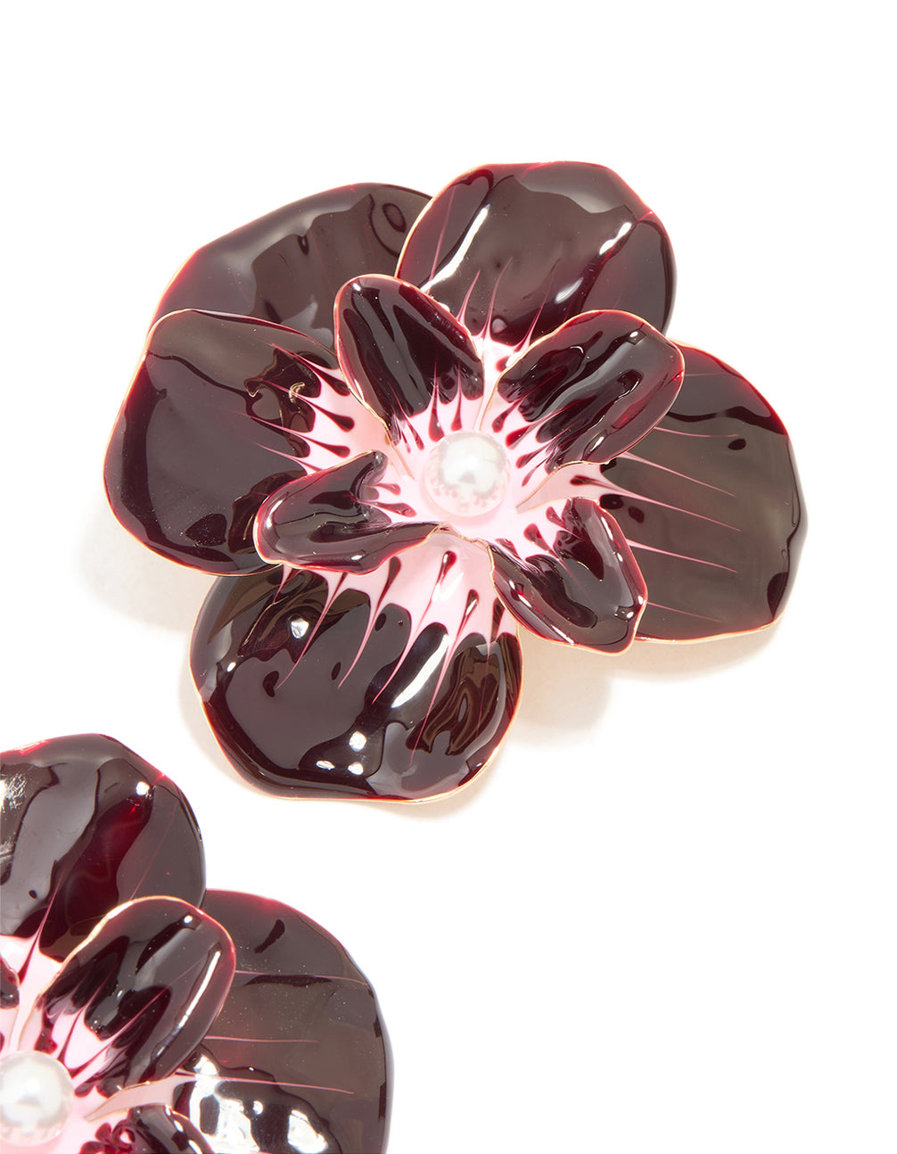 Gold Dark Red Enamel Pearl Flower Stud Earrings