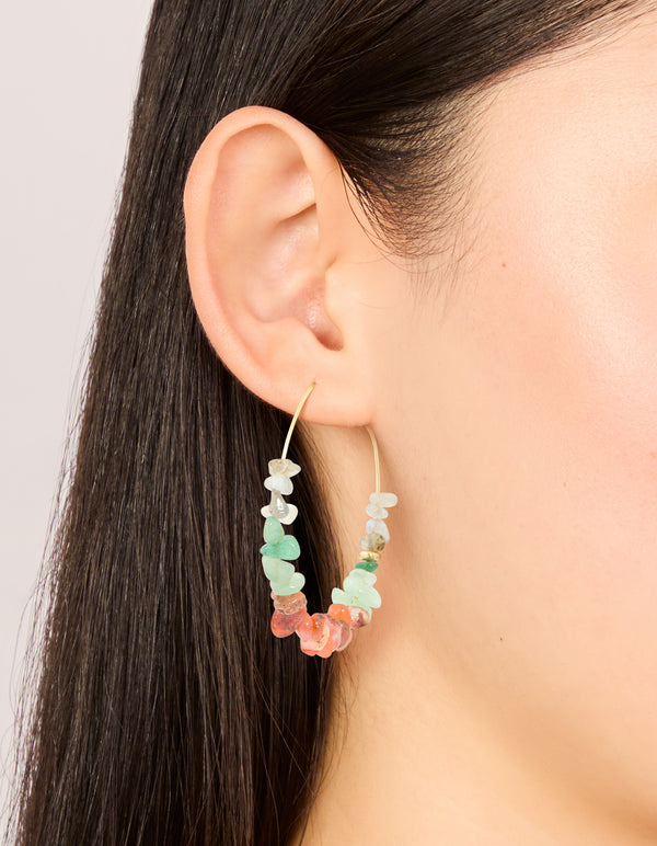 Gold Plated Multicoloured Semi Precious Stone Chip Hoop Earrings