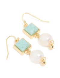Gold Plated Green Semi Precious Stone Freshwater Pearl Statement Earrings - link has visual effect only