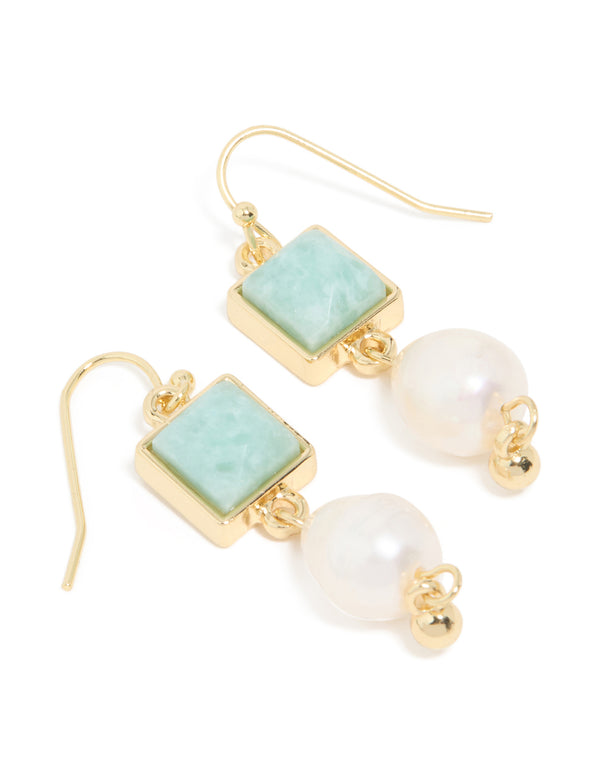 Gold Plated Green Semi Precious Stone Freshwater Pearl Statement Earrings