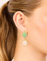 Gold Plated Rose Quartz & Green Semi Precious Stone Detail Outline Drop Earrings - link has visual effect only