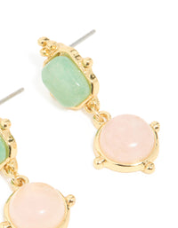 Gold Plated Rose Quartz & Green Semi Precious Stone Detail Outline Drop Earrings - link has visual effect only