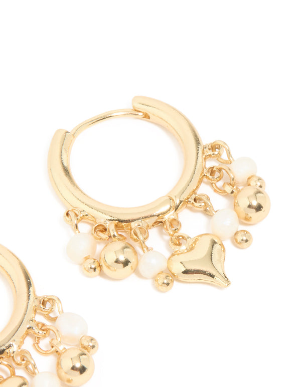 Gold Plated Freshwater Pearl Heart Drop Huggie Earrings
