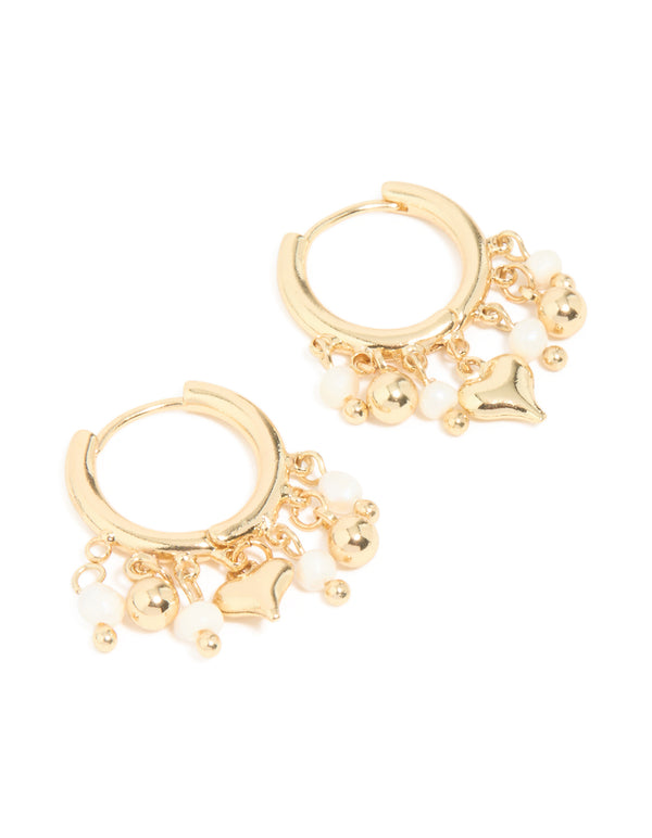 Gold Plated Freshwater Pearl Heart Drop Huggie Earrings