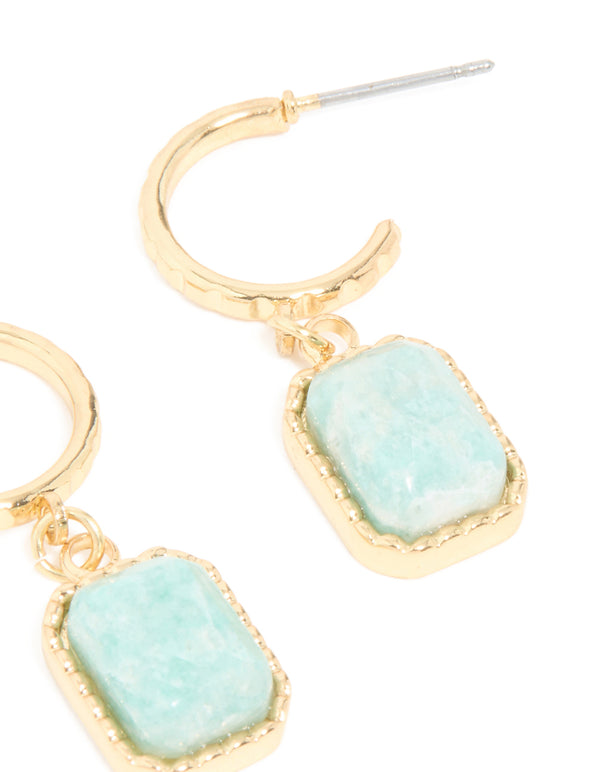 Gold Plated Blue Semi Precious Stone Rectangular Hoop Earrings