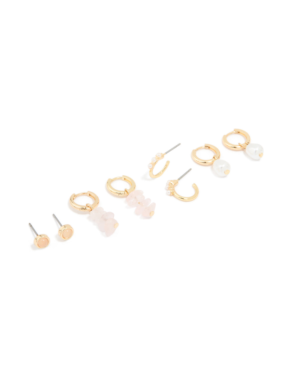 Gold Plated Rose Quartz & Pearl Huggie Earrings 4-Pack