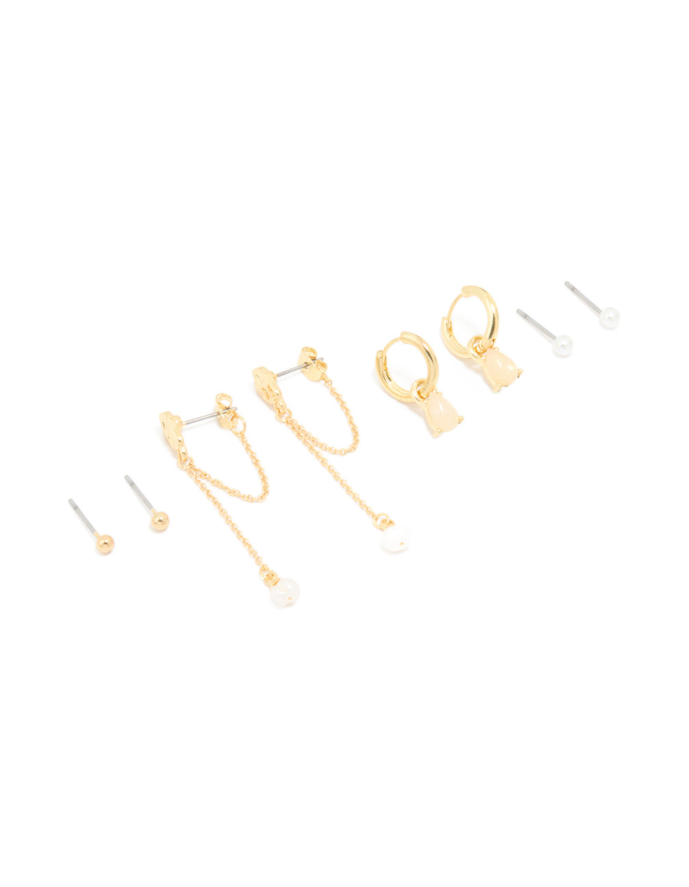 Gold Plated Pink Semi Precious Stone Pearl Stud & Chain Earrings 4-Pack