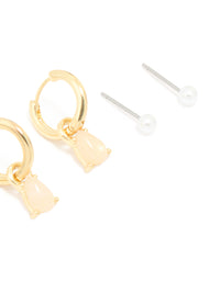 Gold Plated Pink Semi Precious Stone Pearl Stud & Chain Earrings 4-Pack - link has visual effect only