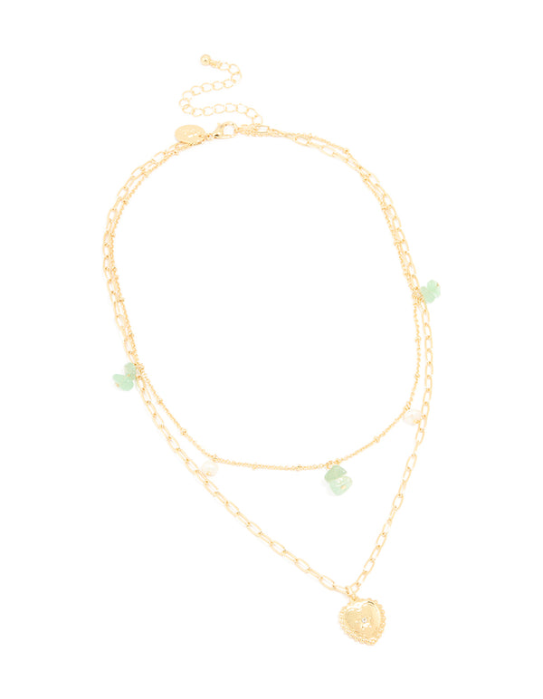 Gold Plated Pearl Semi Precious Stones & Heart Charm Layered Necklace