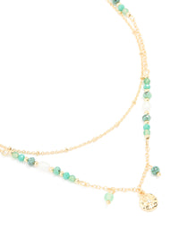 Gold Plated Aqua Beaded Semi Precious Stone & Disc Layered Necklace - link has visual effect only
