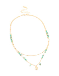 Gold Plated Aqua Beaded Semi Precious Stone & Disc Layered Necklace - link has visual effect only