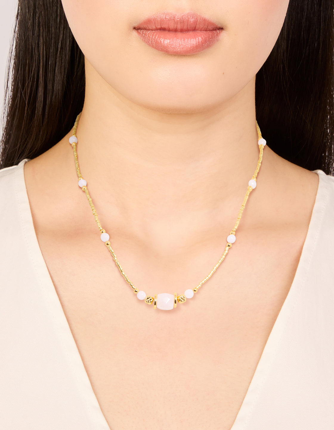Gold Plated Rose Quartz & Bead Necklace