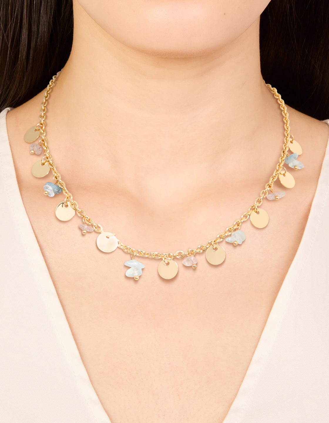 Gold Plated Multicoloured Semi Precious Stone Disc & Droplet Necklace