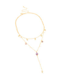 Gold Plated Purple Semi Precious Stone Droplet Layered Y-Necklace - link has visual effect only
