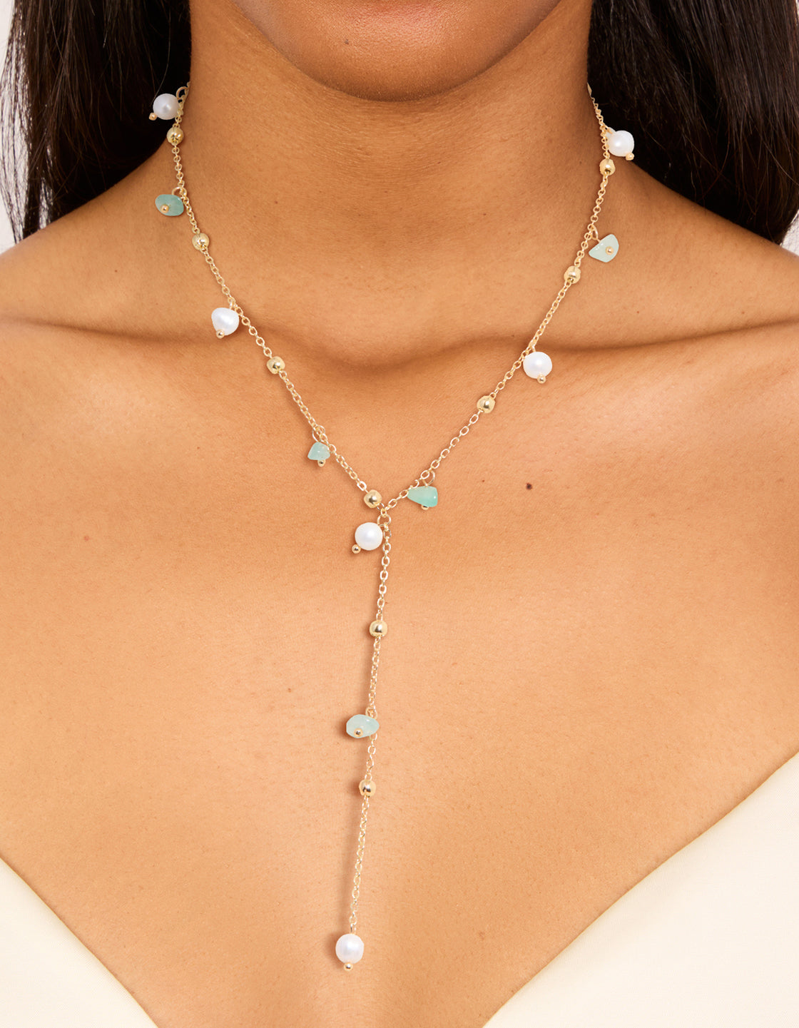 Gold Plated Freshwater Pearl & Green Semi Precious Stone Chip Y-Necklace