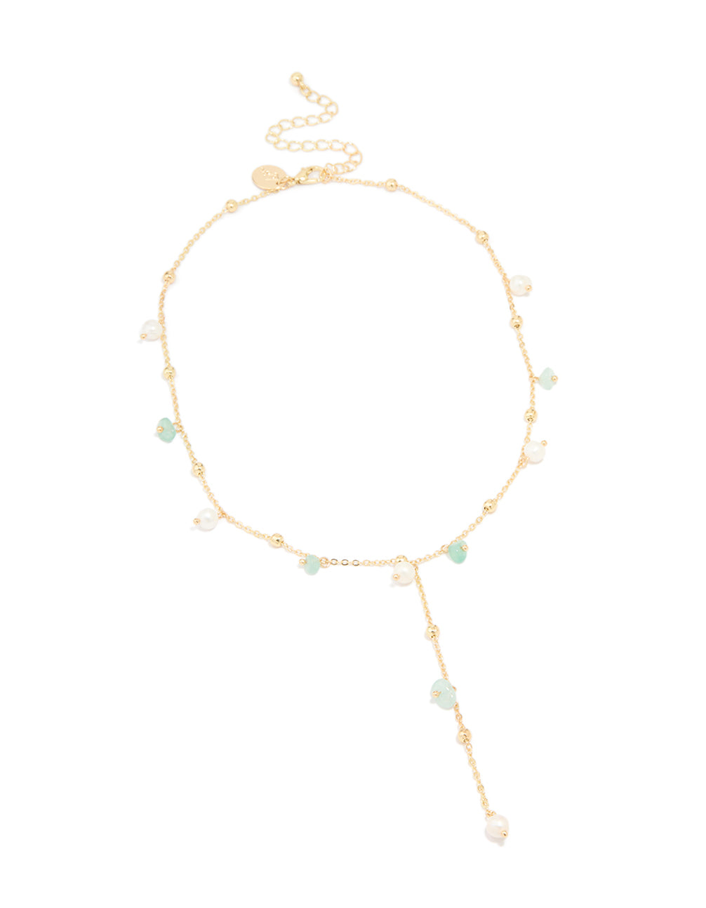 Gold Plated Freshwater Pearl & Green Semi Precious Stone Chip Y-Necklace