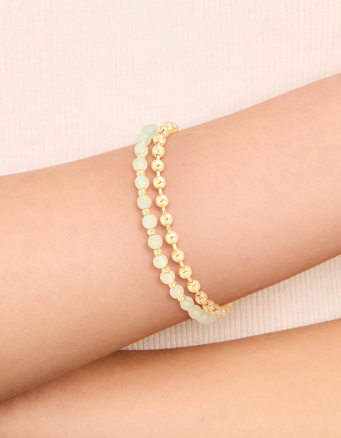 Gold Plated Green Semi Precious Stone Pearl & Ball Charm Layered Bracelet