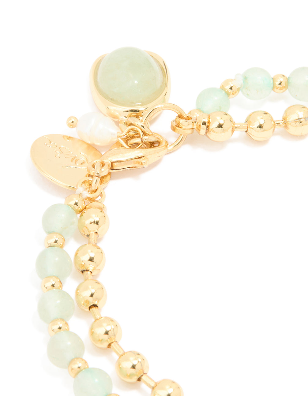 Gold Plated Green Semi Precious Stone Pearl & Ball Charm Layered Bracelet