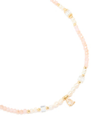 Gold Plated Rose Quartz Freshwater Pearl Cubic Zirconia Beaded Necklace - link has visual effect only