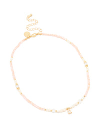 Gold Plated Rose Quartz Freshwater Pearl Cubic Zirconia Beaded Necklace - link has visual effect only