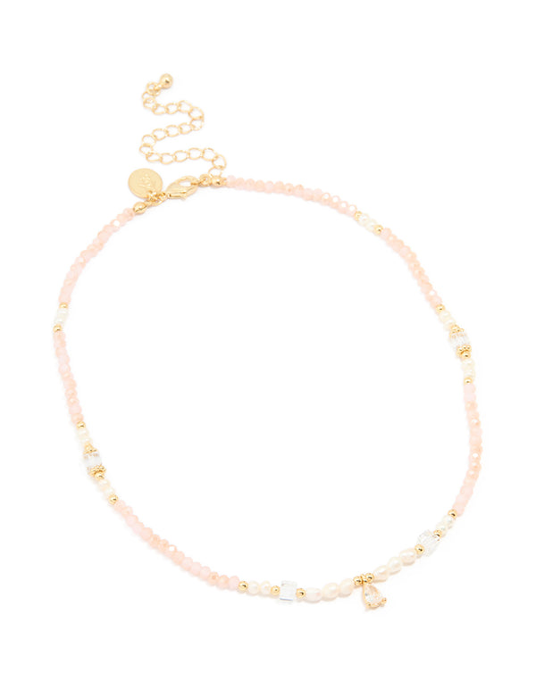 Gold Plated Rose Quartz Freshwater Pearl Cubic Zirconia Beaded Necklace