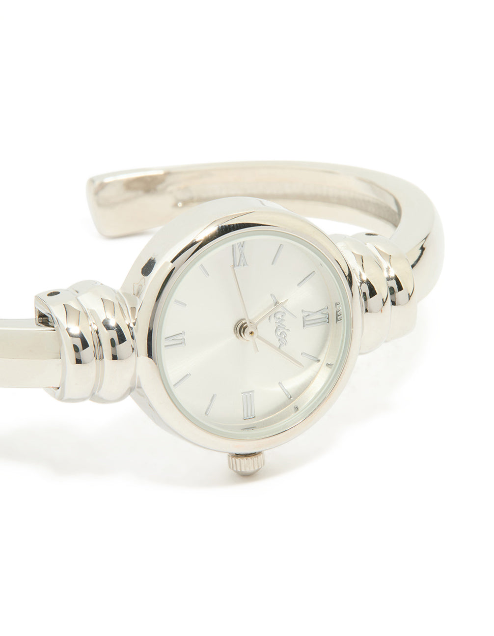 Featuring a white dial with roman numerals, this women's formal analog watch is crafted in a statement bangle style watch face detail view