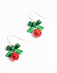 Silver Green Bow & Red Bell Drop Earrings - link has visual effect only