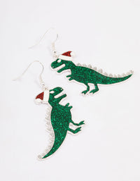 Silver Green Dinosaur With Santa Hat Drop Earrings - link has visual effect only