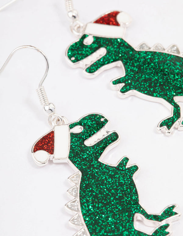 Silver Green Dinosaur With Santa Hat Drop Earrings