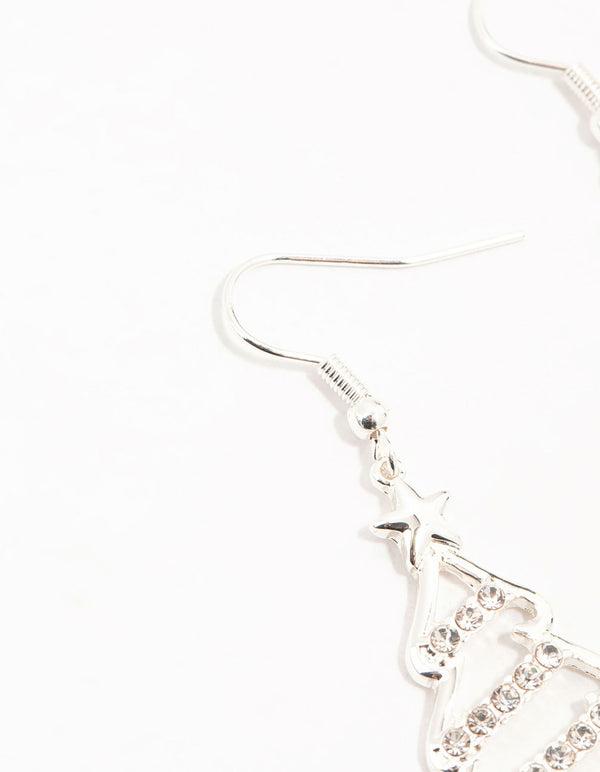 Silver Diamante Festive Tree Outline Drop Earrings