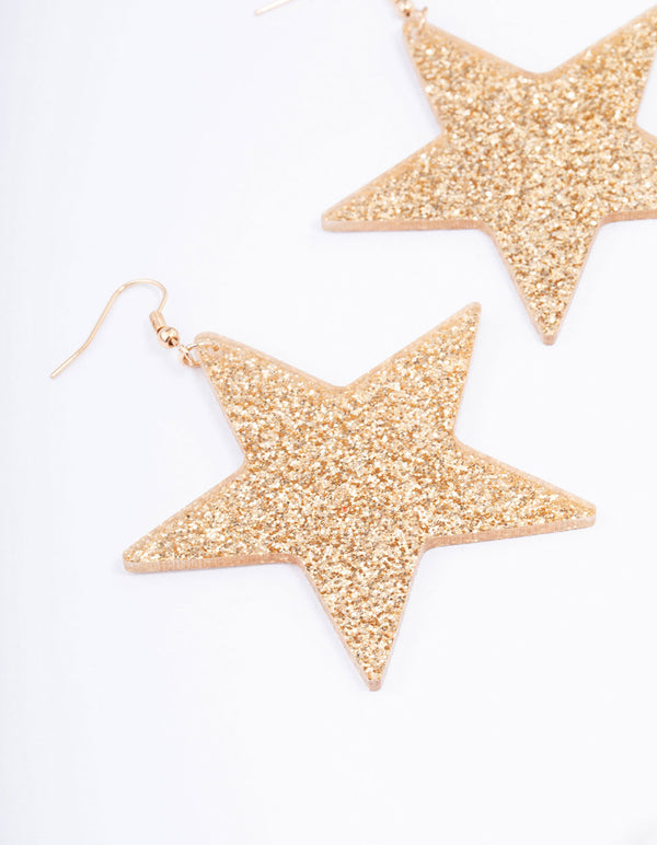 Gold Glittery Star Drop Earrings
