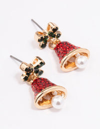 Gold Red Diamante Bell With Green Bow Earrings - link has visual effect only