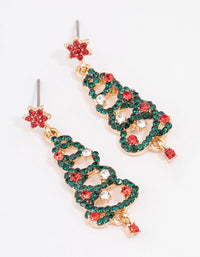 Gold Red & Green Diamante Swirled Festive Tree Earrings - link has visual effect only