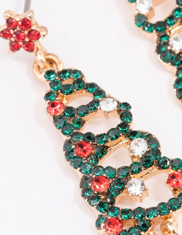 Gold Red & Green Diamante Swirled Festive Tree Earrings